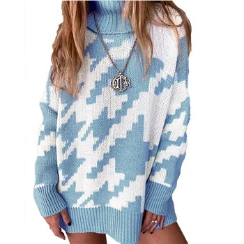 Rudens Ziemas Augstu Uzrullētu Apkakli Džemperi Vintage Ģeometriskā Drukāt Džemperis Top Sievietes Gadījuma Garām Piedurknēm Adīt Elegants Džemperis