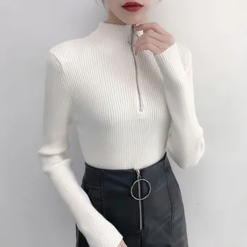 Rudens ziemas džemperis džemperis sieviešu pusē, augsta kakla gredzenu rāvējslēdzēju slim garām piedurknēm zemāko krekls, džemperis top ciets jaunu 2021