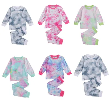 Rudenī Bērni Kids Sleepwear Bērnu Pidžamas Komplekti Bērnu Zēniem kaklasaišu krāsošanas Drukāt pidžamas Naktsveļu Meitenes Nakts Apģērbs Bērniem, Apģērbs Komplekts