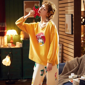 Rudenī Sieviešu Pidžamas Komplekti Kokvilnas garām Piedurknēm Uzvalks Karikatūra Vaļīgas Meitenes Sleepwear Uzstādīt Sieviešu Ziemas Mājas Drēbes Pyjama Femme