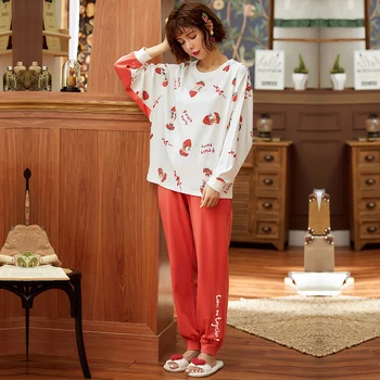 Rudenī Sieviešu Pidžamas Komplekti Kokvilnas garām Piedurknēm Uzvalks Karikatūra Vaļīgas Meitenes Sleepwear Uzstādīt Sieviešu Ziemas Mājas Drēbes Pyjama Femme