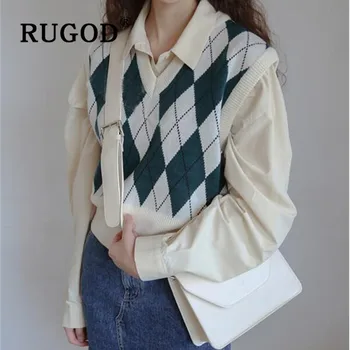 RUGOD vintage pleds modelis veste sieviešu v kakla piedurknēm irdenas trikotāžas veste ir jauna rudens džemperis modes sieviešu ikdienas topi