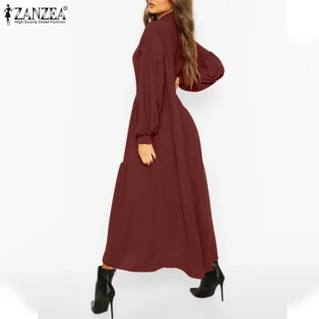 S-5XL ZANZEA Elegants Sieviešu V Kakla Ilgi Puff Piedurknēm Ruffles Sundress Rudens Gadījuma Cietā Kleitu Ilgi Vestidos Drēbes Plus Size 7