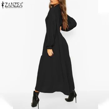 S-5XL ZANZEA Elegants Sieviešu V Kakla Ilgi Puff Piedurknēm Ruffles Sundress Rudens Gadījuma Cietā Kleitu Ilgi Vestidos Drēbes Plus Size 7