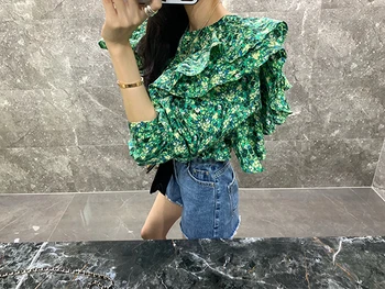 Salds Modes Zaļā Šifona Kreklu Topi vasaras Dizaineru Sieviešu Ruffles garām Piedurknēm gadījuma Blūzes Fmeale 2020 Jaunas