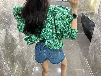 Salds Modes Zaļā Šifona Kreklu Topi vasaras Dizaineru Sieviešu Ruffles garām Piedurknēm gadījuma Blūzes Fmeale 2020 Jaunas