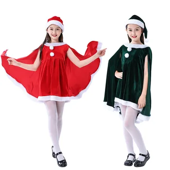 Sarkanā Zaļā Samta Ziemassvētku Cape Apmetnis, Cepure, Ziemas Meitene Šalle Cosplay Party Tērpi, Kleita Apdare Santa Klausa Tērpu Mežģīnes Augšu