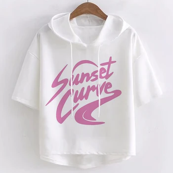 Saulrieta Līkne Vēstuli Vasaras Topi Kawaii Femme Julie Un Phantoms Harajuku T-krekli ar Īsām Piedurknēm Kapuci T-krekls, Baltas Drēbes