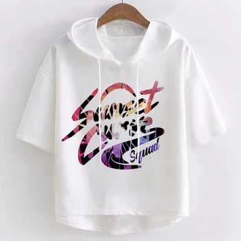 Saulrieta Līkne Vēstuli Vasaras Topi Kawaii Femme Julie Un Phantoms Harajuku T-krekli ar Īsām Piedurknēm Kapuci T-krekls, Baltas Drēbes