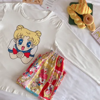 Seeslim Pyjama Komplekts Sievietēm Sleepwear Cute Pidžamas Sailor Moon Drukāt Pilns Komplekts Homewear Kokvilnas Sieviešu Garās Piedurknes Garas Bikses Uzvalki