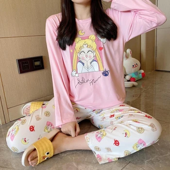 Seeslim Pyjama Komplekts Sievietēm Sleepwear Cute Pidžamas Sailor Moon Drukāt Pilns Komplekts Homewear Kokvilnas Sieviešu Garās Piedurknes Garas Bikses Uzvalki
