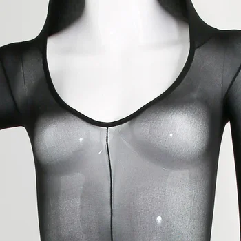 Seksīga Erotiskā Bodysuit Atvērt Kājstarpes Kapuci Apakšveļa Sleepwear Sieviešu Black Bodystocking Garām Piedurknēm Lellītes Apakšveļu