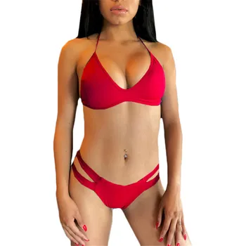 Seksīgi bikini 2019 tīrtoņa krāsu Karājas kakla Mežģīnes regulējams Dobi Sandales bikini feminino peldkostīmi sieviešu biquini monokini peldkostīmu