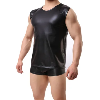Seksīgi Vīriešu Topi Mākslīgās Ādas Fitnesa Bodystocking Lateksa Undershirts Slīdēšanas Hombre Topi, Veļa, Apakšveļa, Erotiska Geju Clubwear