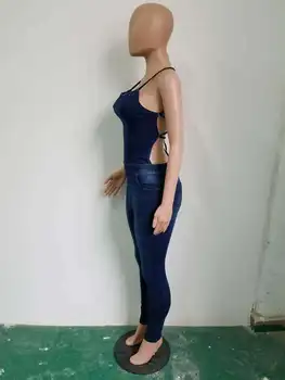 Sexy Pavada Sievietes Bez Piedurknēm Backless Džinsa Jumpsuits Romper 2020. Gadam, Modes Gadījuma Streetwear Mežģīnes Up Dāmas Jean (Dungriņi) L17-1