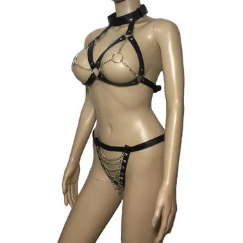 Sexy Sievietes PU Ādas Siksna ar Metāla Ķēdi Bikini Kopa Atvērt Ķermeņa Krūšturis Top, G-String Josta Piesprādzēšanās Fetiša Tērpu
