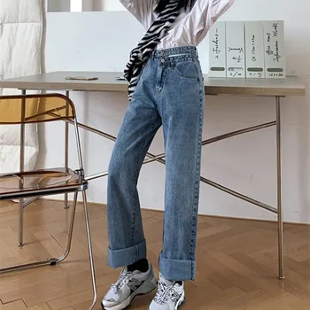 Sieviete Džinsi Ar Augstu Jostas Drēbes Plaša Kāju Džinsa Apģērbu Zilā Streetwear Vintage Kvalitāte Ir 2021. Modes Harajuku Taisnas Bikses