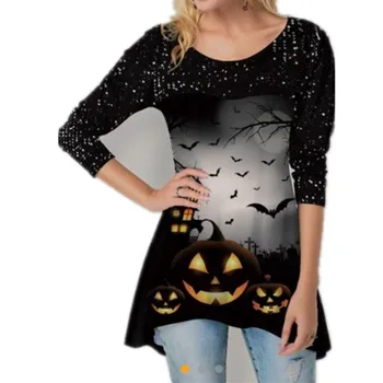 Sieviete Halovīni Ķirbju Drukāt Garš T-krekls Gadījuma O-veida Kakla Džemperis ar garām Piedurknēm Topi, Lady Plus Lieluma Vārna Bat Kaķis Tees T krekls