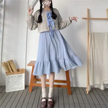 Sievietēm Ar Garām Piedurknēm Kleita Cietā Ruffles Pogu Salds Studentu Aukliņu Vintage Korejiešu Stilā, Modes Elegants Augstas Kvalitātes Kroku
