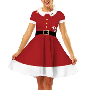 Sievietēm Ziemassvētku Kleita 2020. Gadam Īsām Piedurknēm Augsta Vidukļa Drukāt Elegants Puse Mini Kleita Gadījuma Vintage Ziemassvētki Sundress Drēbes Femme