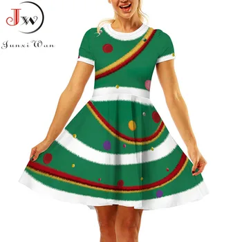 Sievietēm Ziemassvētku Kleita 2020. Gadam Īsām Piedurknēm Augsta Vidukļa Drukāt Elegants Puse Mini Kleita Gadījuma Vintage Ziemassvētki Sundress Drēbes Femme