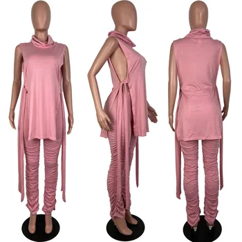 Sieviešu 2 Gabals Apģērbs Kopumu, Vasarā, Rudenī Sadalīt Ilgi Tshirts Top Ruched Kaudzē, Stulpiņi Bikses Kluba Tērpiem Gadījuma Atbilstības Komplekti