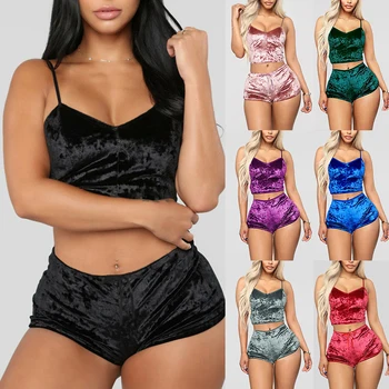Sieviešu 2gab Samta Sleepwear Sexy Spageti Siksnas Samta Bikses, Pidžamas Komplekts Dāmas sieviešu Pidžamas Puse Nosaka 2020