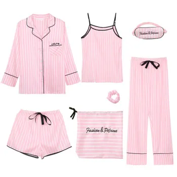 Sieviešu 7PCS Sleepwear Komplekts Rozā Drukāt Kimono Drēbes Kleita, Līgava, Līgavas Kāzu Tērpu Uzvalks Dāvanu Gadījuma Satīna Naktsveļu Homewear