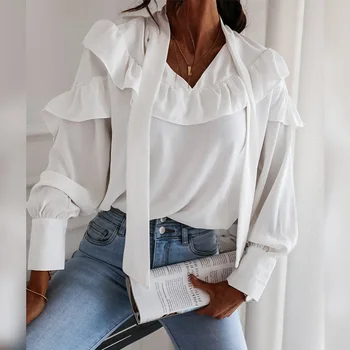 Sieviešu Blūze Ir 2021. Modes Šiks Krekls Sieviešu Savirmot Mežģīnes Up Apkakle Cietā Ilgi Laternu Piedurknēm Rudens Jauns Elegants Birojs Dāma Augšu