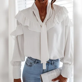 Sieviešu Blūze Ir 2021. Modes Šiks Krekls Sieviešu Savirmot Mežģīnes Up Apkakle Cietā Ilgi Laternu Piedurknēm Rudens Jauns Elegants Birojs Dāma Augšu