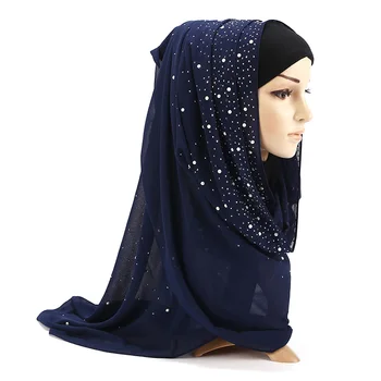 Sieviešu Burbuļi Šifona Šalle Ar dimanta kniedes Pērles šalle vienkāršā hijab šalles Wraps tīrtoņa krāsu musulmaņu hijab šalle