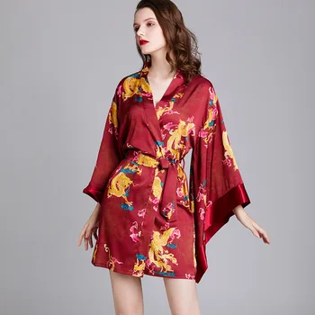 Sieviešu Drukāt Kāzu Tērpu Gadījuma Mīksts Peldmētelis Kimono Kleita Naktsveļu Satīna Zīdaini Nightdress Sleepwear Sexy Naktskrekls Mājas Drēbes