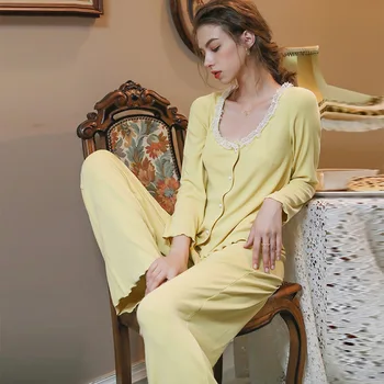 Sieviešu franču Sexy Dūriens Mežģīņu Adīti Kokvilnas Pidžamas Tīru Krāsu Salda Pasaku garām Piedurknēm Jaka Bikses Homewear Komplekts