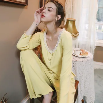 Sieviešu franču Sexy Dūriens Mežģīņu Adīti Kokvilnas Pidžamas Tīru Krāsu Salda Pasaku garām Piedurknēm Jaka Bikses Homewear Komplekts