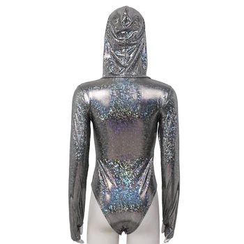 Sieviešu Hologrāfiskā Spīdīga Metāla Ar Garām Piedurknēm Ar Kapuci Romper Sexy Bodysuit Kluba Puses Veiktspējas Festivāls Rave Pole Deju Kostīms