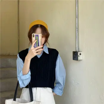 Sieviešu Ikdienas Topi Rudens 2020. Gadam Korejiešu Stilā Vintage V Kakla Īss Trikotāžas Džemperis Veste Bez Piedurknēm Džemperi Vestes T469
