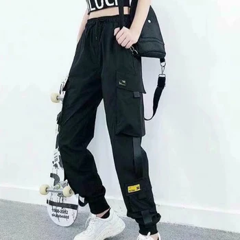 Sieviešu Kravas Bikses Modes Potītes Garums Joggers Streetwear Melns Elastīgs Viduklis Sieviešu Brīvs Bikses Ikdienas Skriešanas Bikses