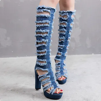 Sieviešu kurpes Gladiator Caurumu Džinsa Zābaki Pāri Celim, Augsti Papēži, Platforma Peep Toe rāvējslēdzēju Sexy dāmas sandales zapatos mujer de N63W