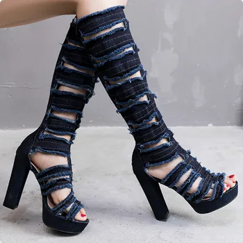 Sieviešu kurpes Gladiator Caurumu Džinsa Zābaki Pāri Celim, Augsti Papēži, Platforma Peep Toe rāvējslēdzēju Sexy dāmas sandales zapatos mujer de N63W