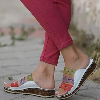 Sieviešu Paslīdēt Uz Čības Dāmas Dobi No Jauktas Krāsas Flip Flops Modes Šūšanas Ķīlis Sandales Korķa Kurpes Platformas Sieviešu Slaidi