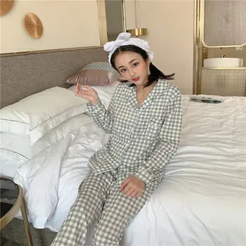 Sieviešu Pidžamas Komplekti Pleds Ar Garām Piedurknēm Sleepwear Sieviešu Kārtas-Apkakle Pyjama Naktsveļu Gadījuma Homewear Top+Bikses Pijama