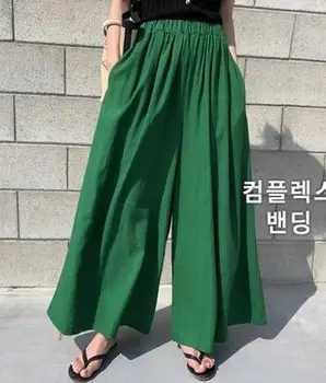 Sieviešu plaša kāju bikses modes vienkrāsainu lina gadījuma dzeltena zaļa haki melnas bikses sieviešu Vaļīgas bikses 2020 jaunas