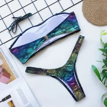 Sieviešu Sexy Bikini Komplekts Metāla Varavīksnes Snakeskin Peldkostīmu Lenta peldkostīms jauns