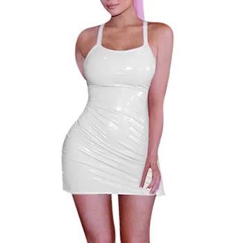 Sieviešu Sexy Bodycon Pu Kleita Sievietēm U veida Kakla Sleeve Pu Ādas Mini Kleitas Sieviete Izdilis Klubu Kleita baltā Melnā vestido mujer de #XX
