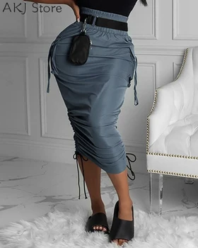 Sieviešu Sexy Cietā Elegants Kabatas Dizaina Ruched Maxi Svārki Ikdienas Kravu Svārki