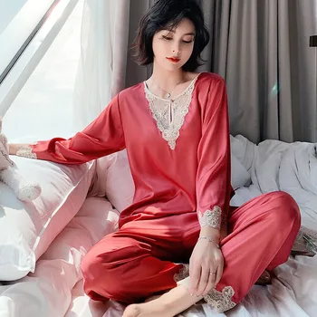 Sieviešu Sexy Mežģīņu Raibs Naktsveļu 2GAB Pidžamas Komplekts Gadījuma Satīna Naktskrekls Pidžamas Krekls&Bikses Zīdaini Sleepwear Mājas Drēbes