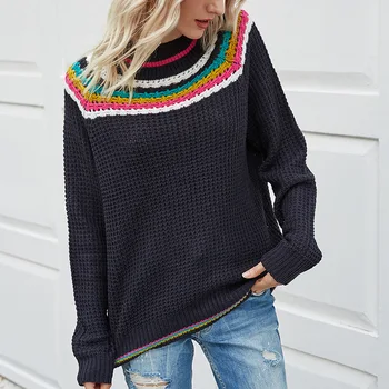 Sieviešu svītru krāsu kontrastu džemperis rudens un ziemas jauno garām piedurknēm adīts džemperis sievietēm, ziemas drēbes