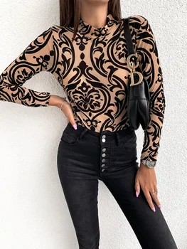 Sieviešu T-Krekls Sexy Modes Dāmas Leopard Ziedu Drukāt Garām Piedurknēm Augstu Uzrullētu Apkakli Clubwear Gadījuma Rudens Drēbes Slim Fit Topi