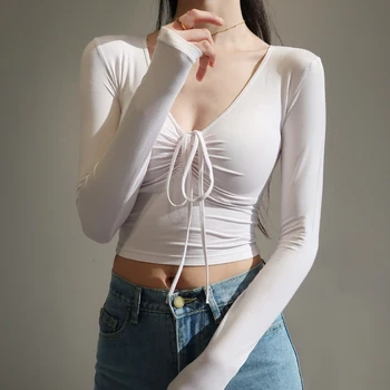 Sieviešu V Kakla Ruched Priekšā ar garām Piedurknēm Kultūraugu Top Sexy Aprīkots T-krekls
