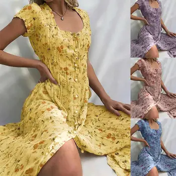 Sieviešu Vintage Kvadrātveida Kakla Īsām Piedurknēm Ziedu Drukāt Pogas Puse Midi Kleitu 2020. gadam, modes Drukas Kleita garas kleitas sievietēm Dre